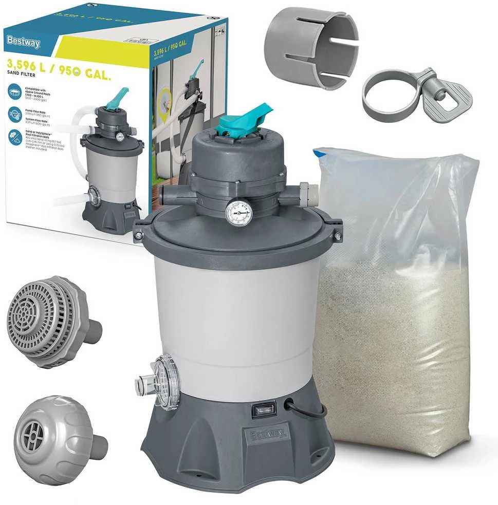 Bestway Baseino smėlio filtro siurblys, 3596 l/h srautas, 1100-16000 l baseinams, su 25 kg smėlio, 32mm žarnos jungtis