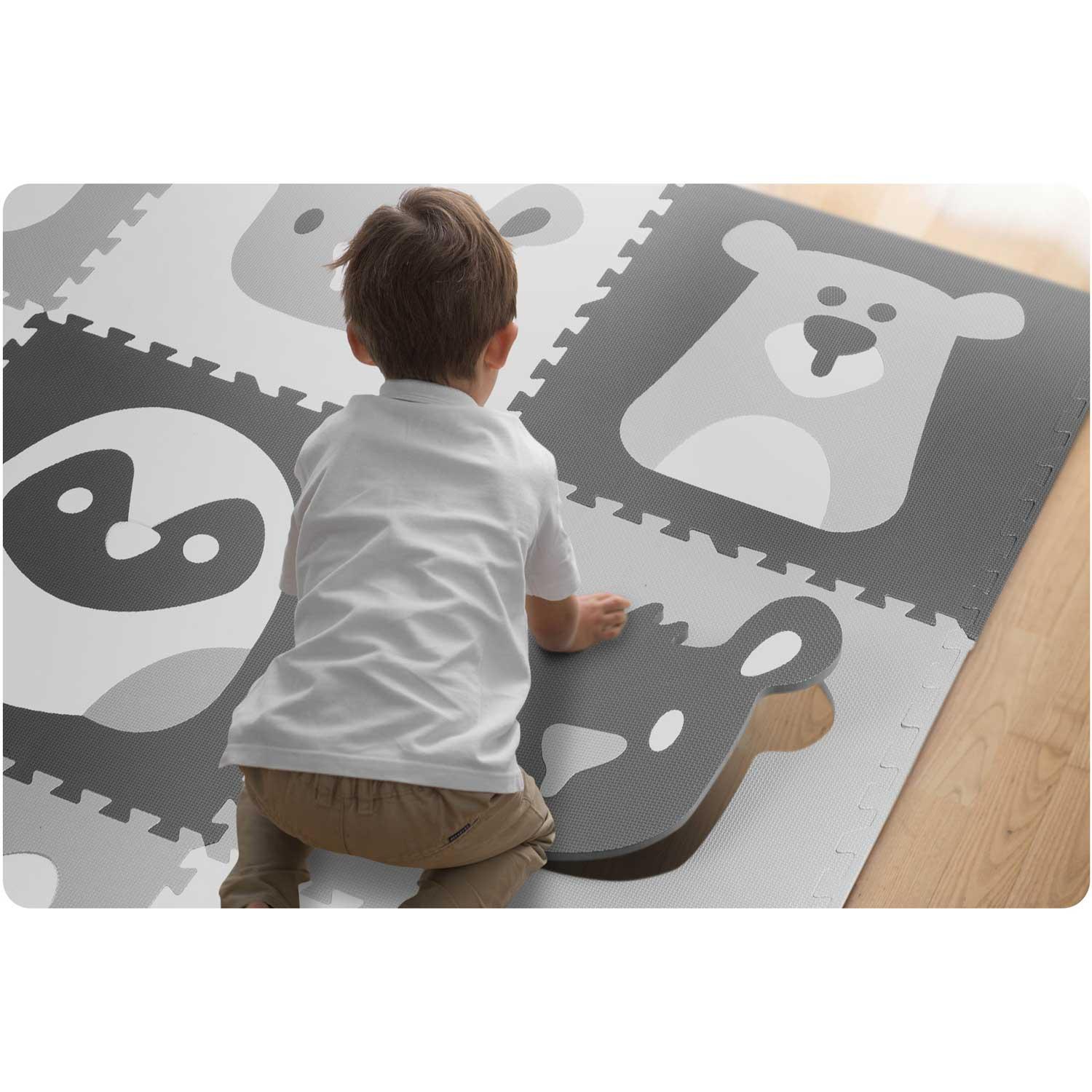 Ricokids Porolono kilimėlis dėlionės 180x180 cm 9 vnt Pilki gyvūnai