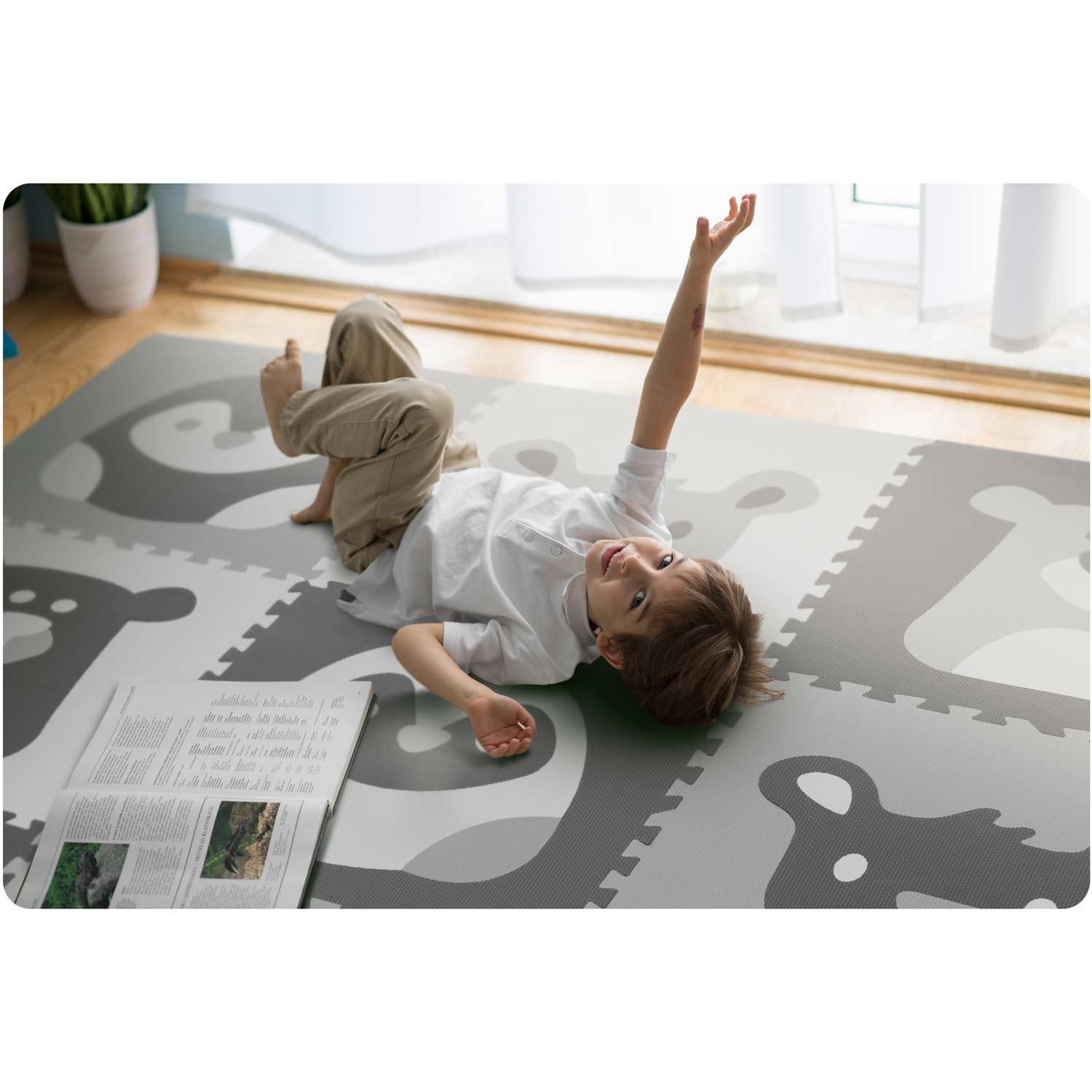 Ricokids Porolono kilimėlis dėlionės 180x180 cm 9 vnt Pilki gyvūnai