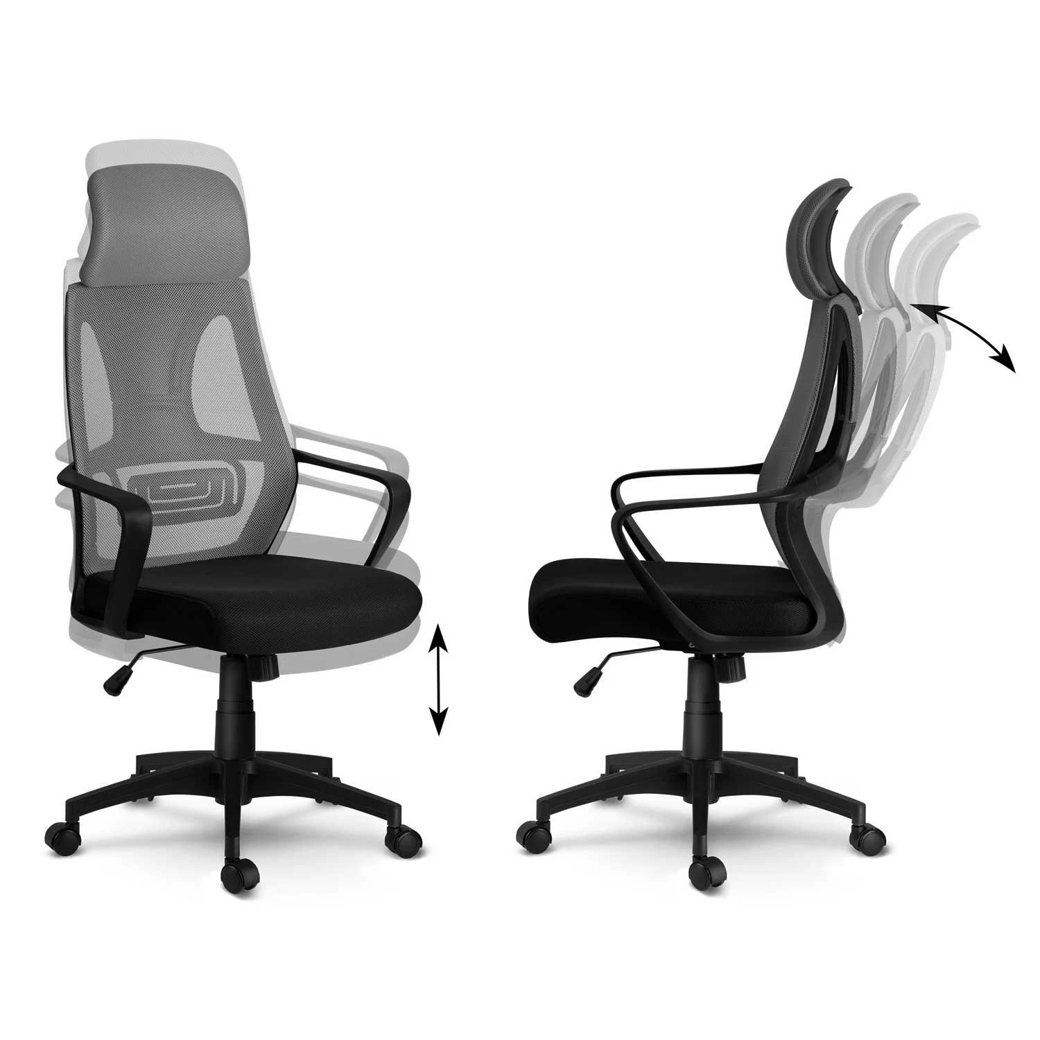 Sofotel Biuro kėdė su mikrotinklu, pilka ergonomiška stalo kėdė, reguliuojama galvos atrama, kvėpuojanti biuro kėdė, patogi kompiuterio kėdė