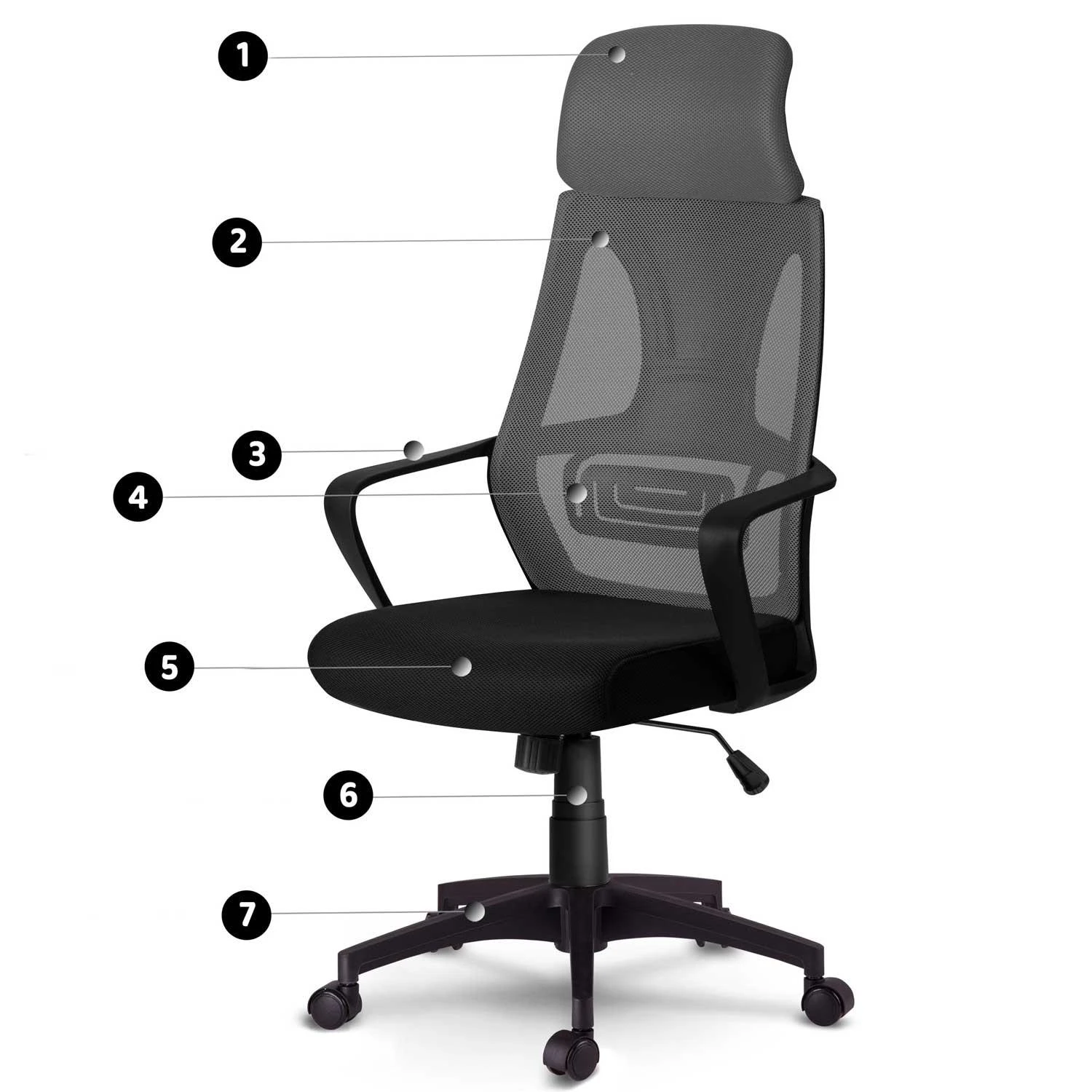 Sofotel Biuro kėdė su mikrotinklu, pilka ergonomiška stalo kėdė, reguliuojama galvos atrama, kvėpuojanti biuro kėdė, patogi kompiuterio kėdė