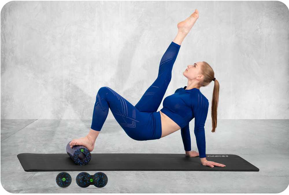 Neo-Sport Mankštos volelio + kamuolio + dvigubo masažo kamuolio rinkinys NS-998, juodas ir mėlynas