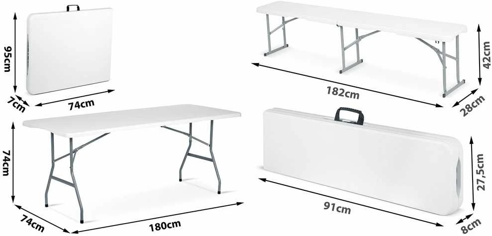 Maitinimo komplektas sodo sulankstomas stalas + 2 suolai 180 cm Plonos baltas