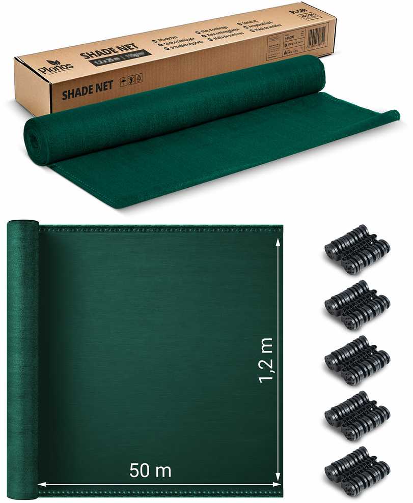 Plonos Tinklelis nuo šešėlių 1,2 x 50 m, 110 g/m² + 50 spaustukų, žalias