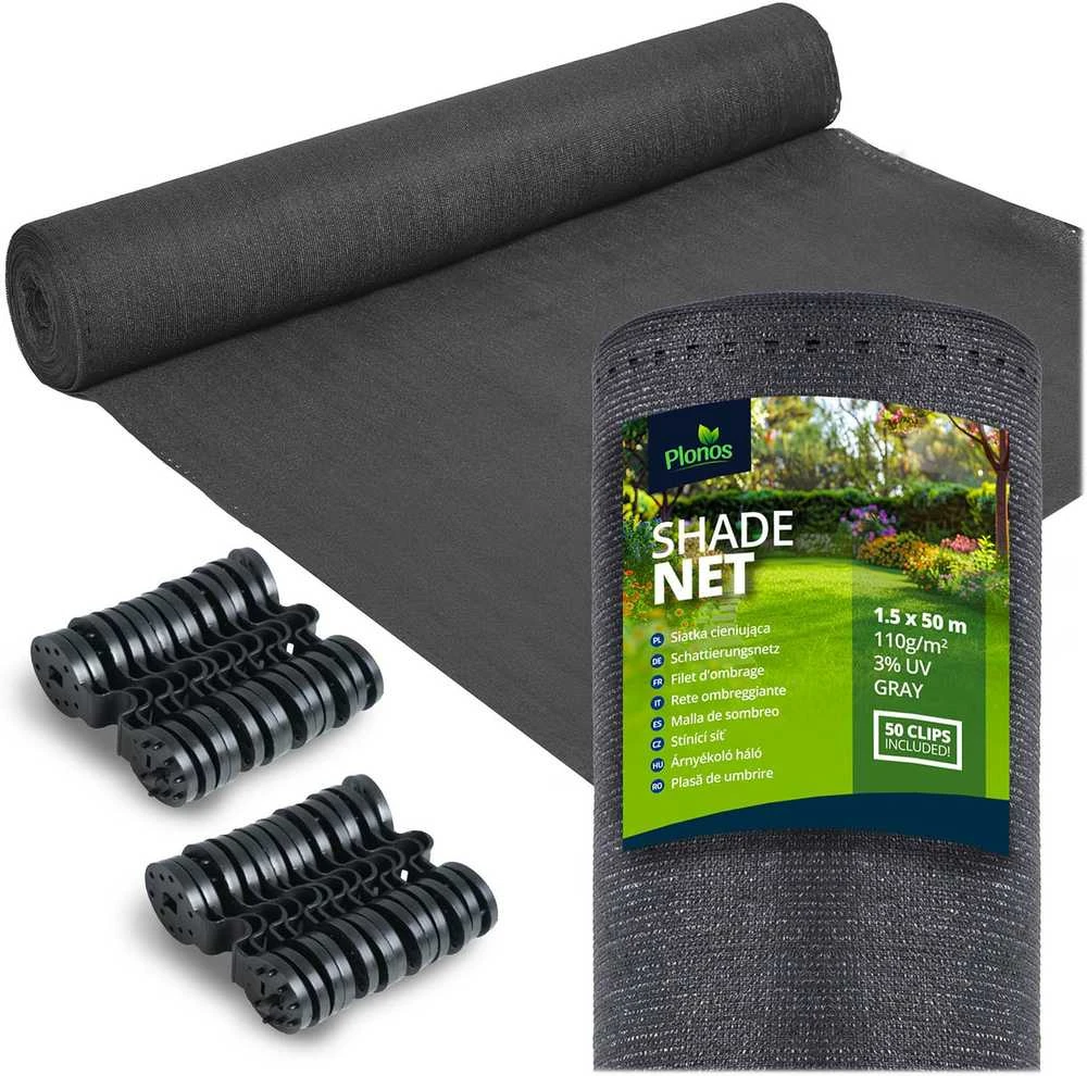 Plonos Tinklelis nuo šešėlių 1,5 x 25 m, 110 g/m² + 50 spaustukų, pilkas
