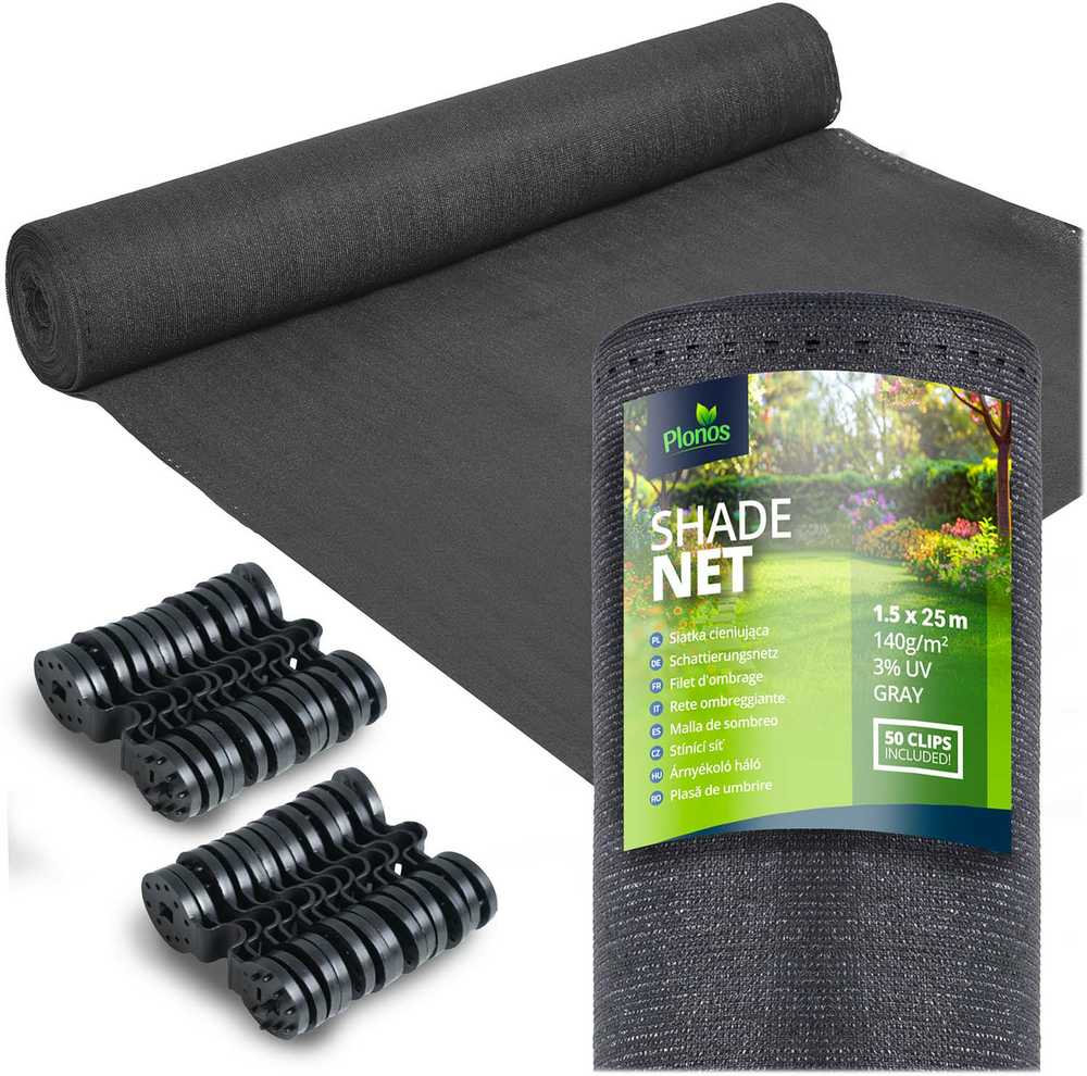 Plonos Tinklelis nuo šešėlių 1,5 x 25 m, 140 g/m² + 50 spaustukų, pilkas