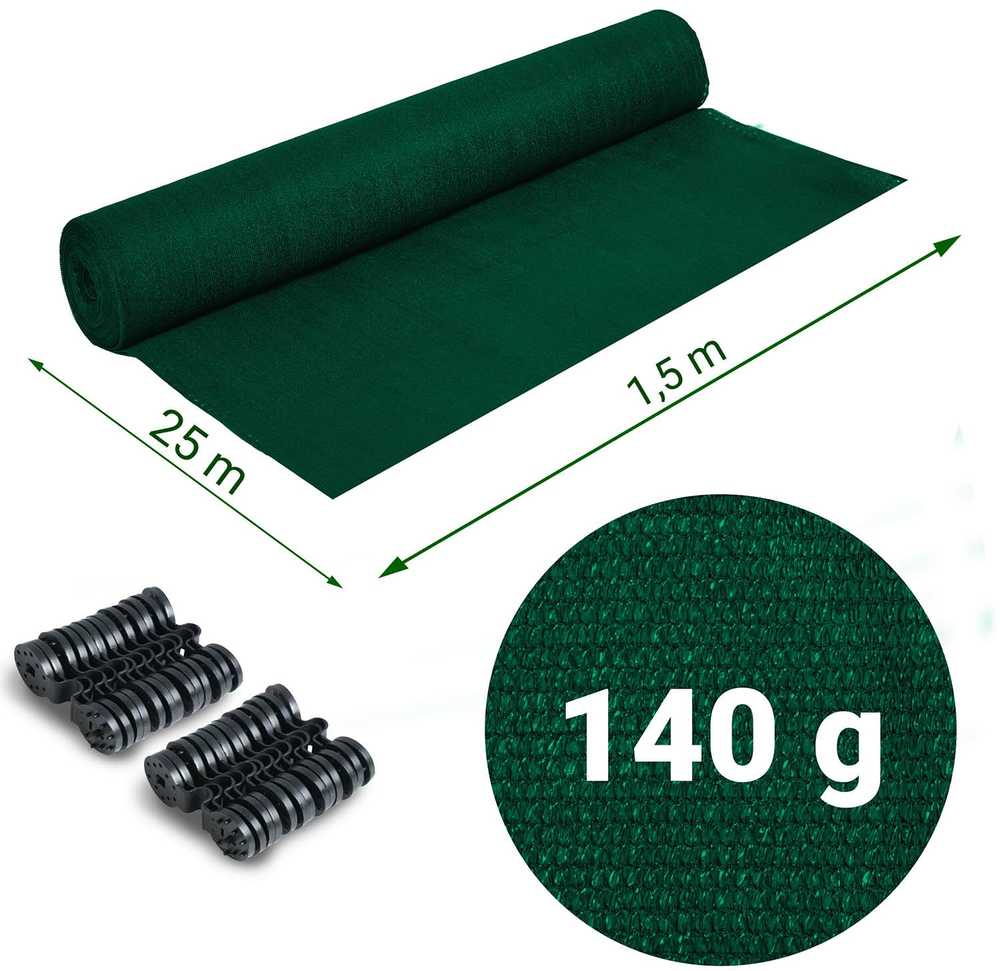 Plonos Tinklelis nuo šešėlių 1,5 x 25 m, 140 g/m², žalias + 50 spaustukų