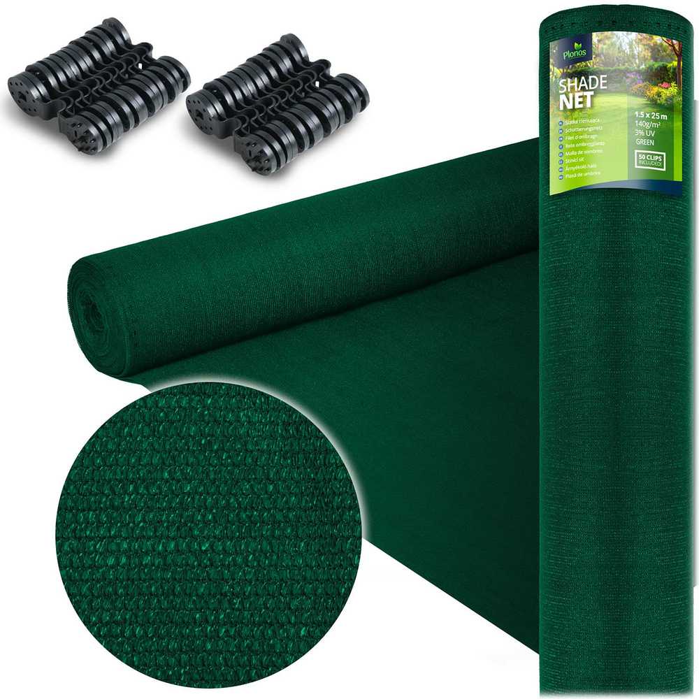 Plonos Tinklelis nuo šešėlių 1,5 x 25 m, 140 g/m², žalias + 50 spaustukų