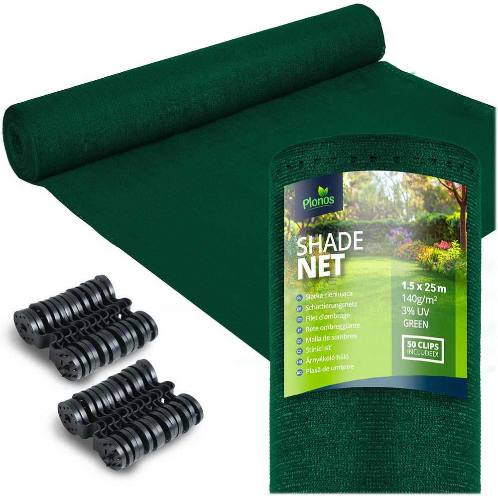 Plonos Tinklelis nuo šešėlių 1,5 x 25 m, 140 g/m², žalias + 50 spaustukų