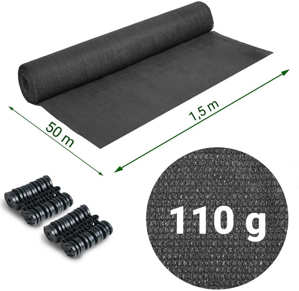 Plonos Tinklelis nuo šešėlių 1,5 x 50 m, 110 g/m² + 50 spaustukų, pilkas
