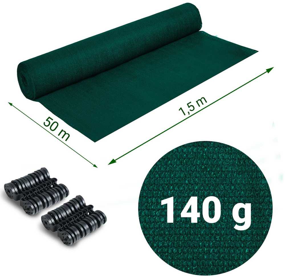 Plonos Tinklelis nuo šešėlių 1,5 x 50 m, 140 g/m² + 50 spaustukų, žalias