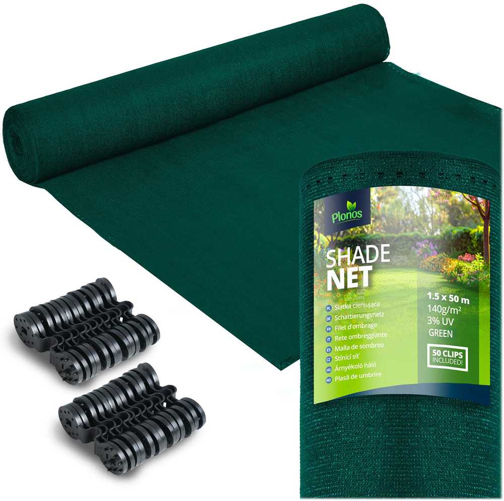 Plonos Tinklelis nuo šešėlių 1,5 x 50 m, 140 g/m² + 50 spaustukų, žalias