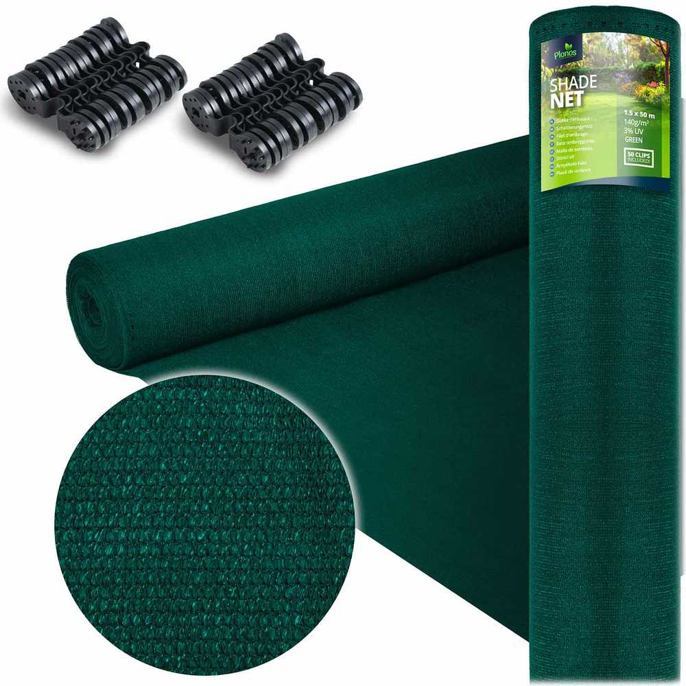 Plonos Tinklelis nuo šešėlių 1,5 x 50 m, 140 g/m² + 50 spaustukų, žalias
