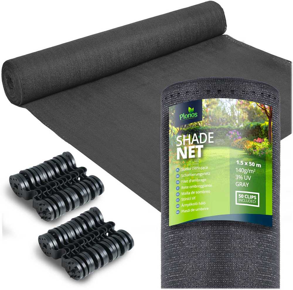 Plonos Tinklelis nuo šešėlių 1,5 x 50 m, 140 g/m² + 50 spaustukų, pilkas