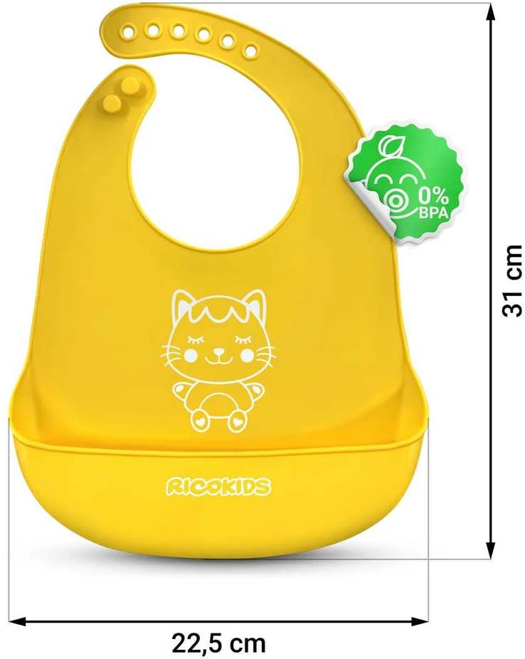 Ricokids geltonas silikoninis maitinimo seilinukas
