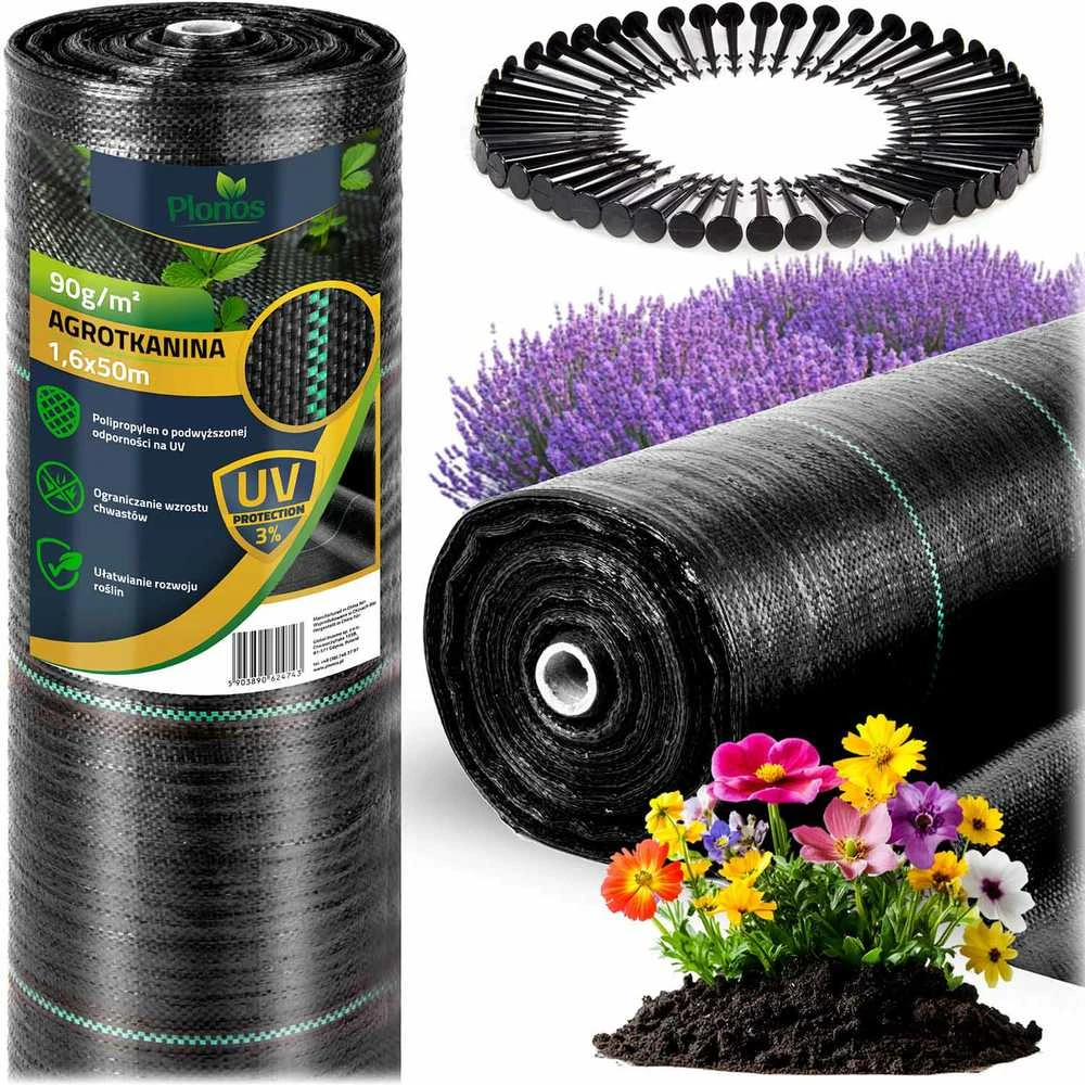 Sodo agrotekstilė 1,6 m x 50 m 90 g/m2 + 50 „Plonos“ smeigtukų - juoda