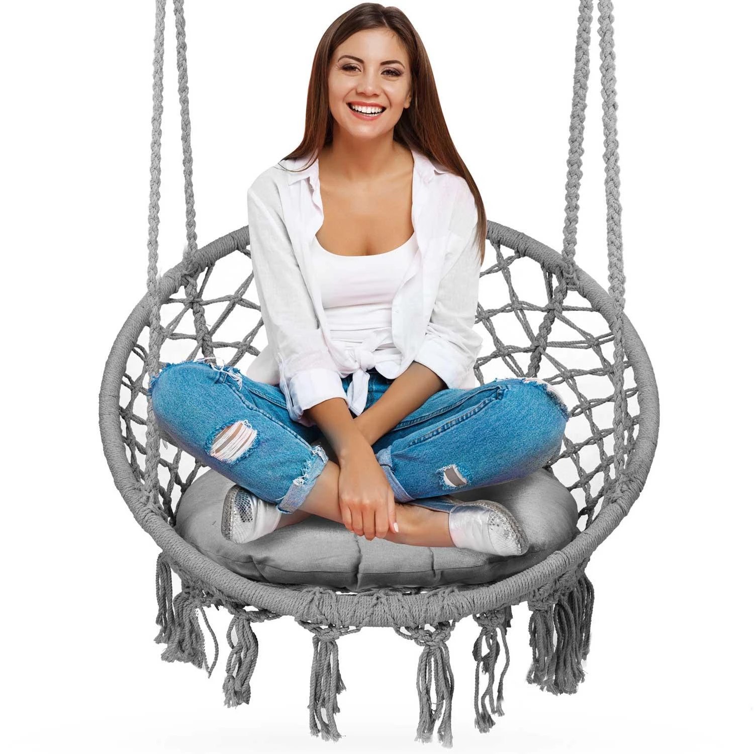 Boho pakabinamas krėslas -sūpynės su pagalve, pilka
