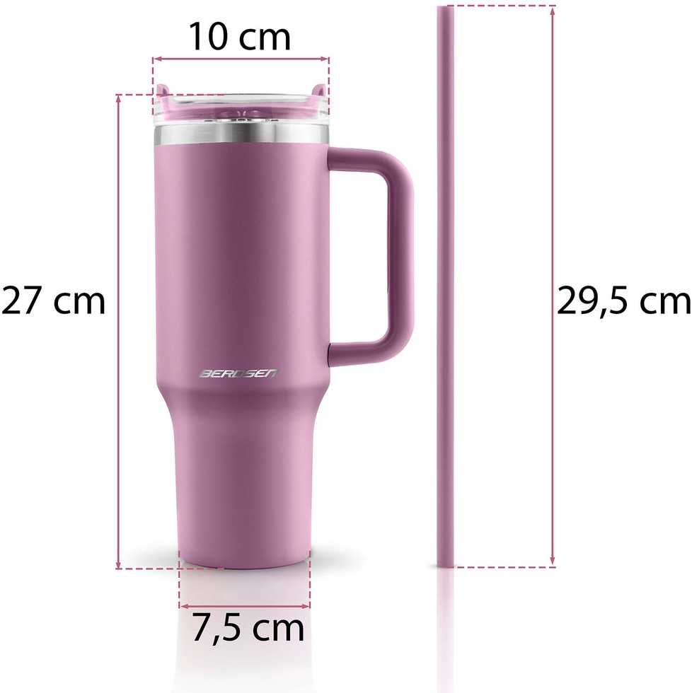 Berdsen rožinis vakuuminis termosas-puodelis su šiaudeliu 1180 ml