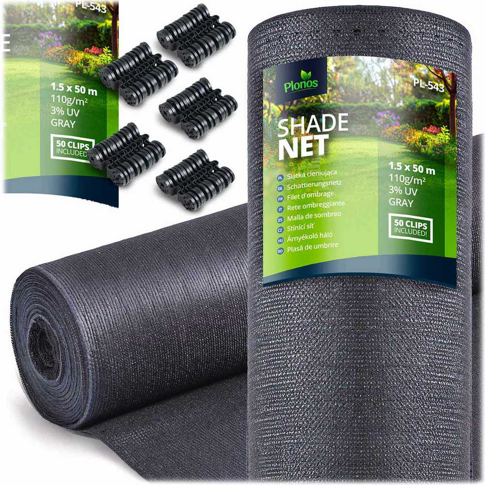 Plonos Tinklelis nuo šešėlių 1,5 x 50 m, 110 g/m² + 50 spaustukų, pilkas
