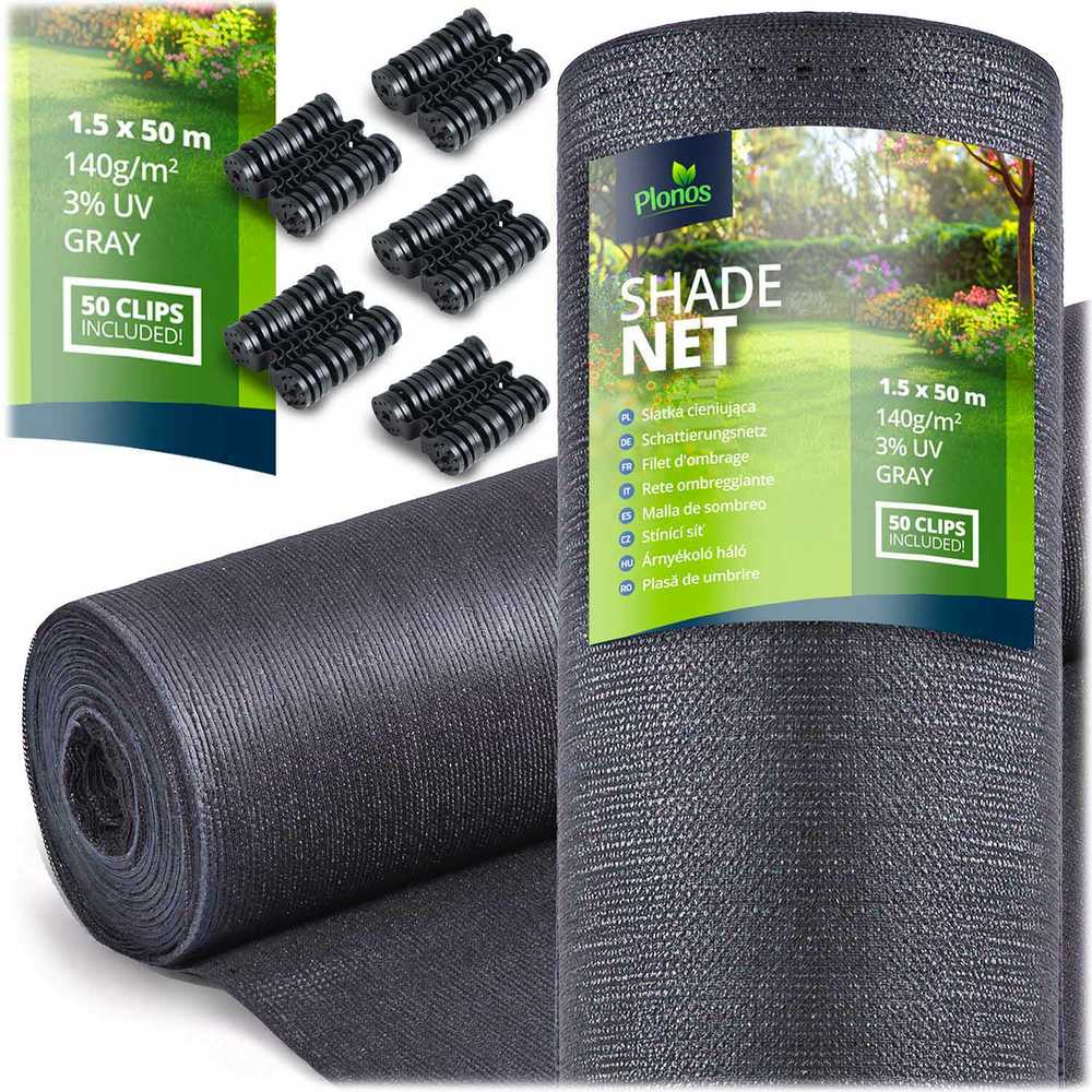 Plonos Tinklelis nuo šešėlių 1,5 x 50 m, 140 g/m² + 50 spaustukų, pilkas