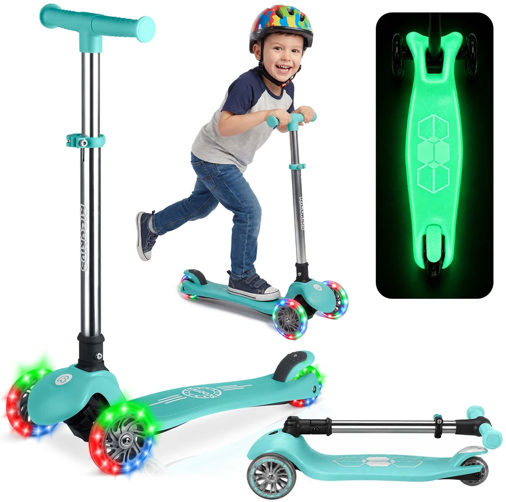Ricokids Glow triratis vaikų balansinis paspirtukas šviečiantis tamsoje turkio spalvos