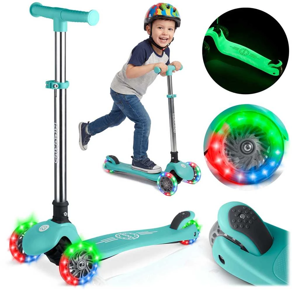 Ricokids Glow triratis vaikų balansinis paspirtukas šviečiantis tamsoje turkio spalvos
