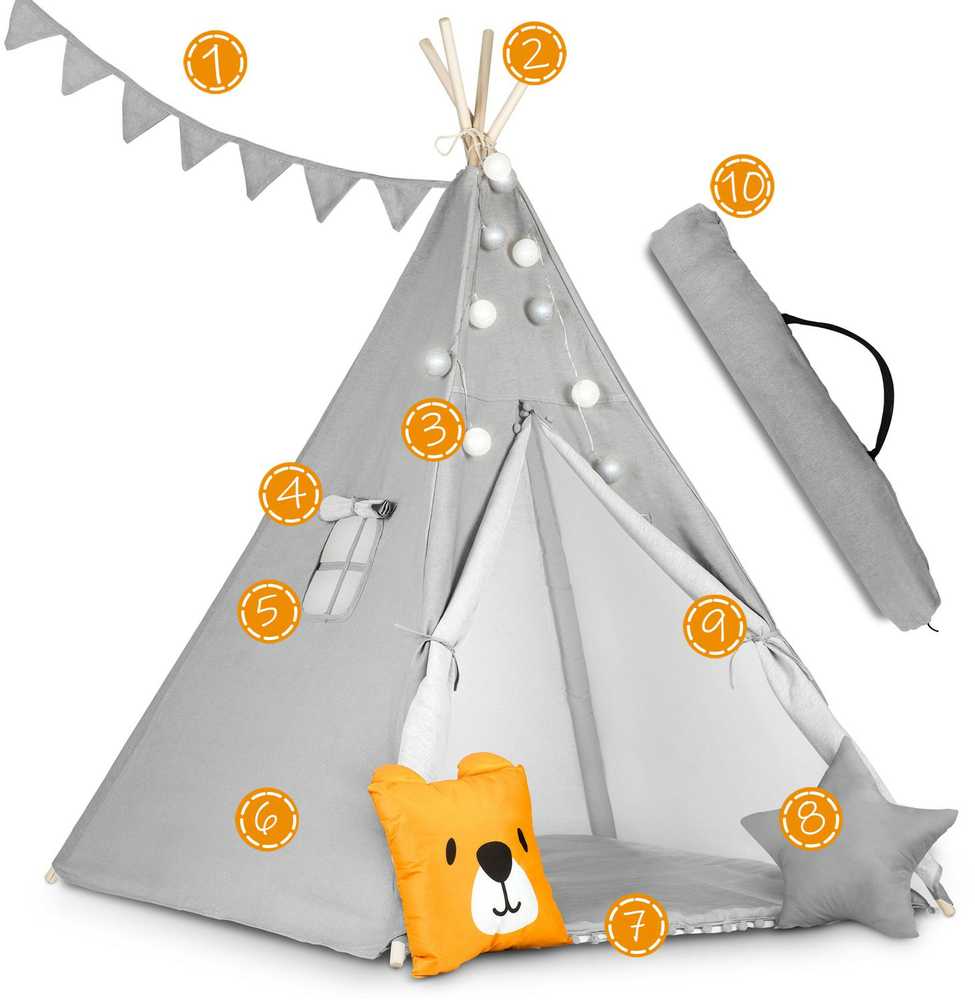 Ricokids Vaikiška tipi palapinė su girlianda ir lemputėmis - pilka