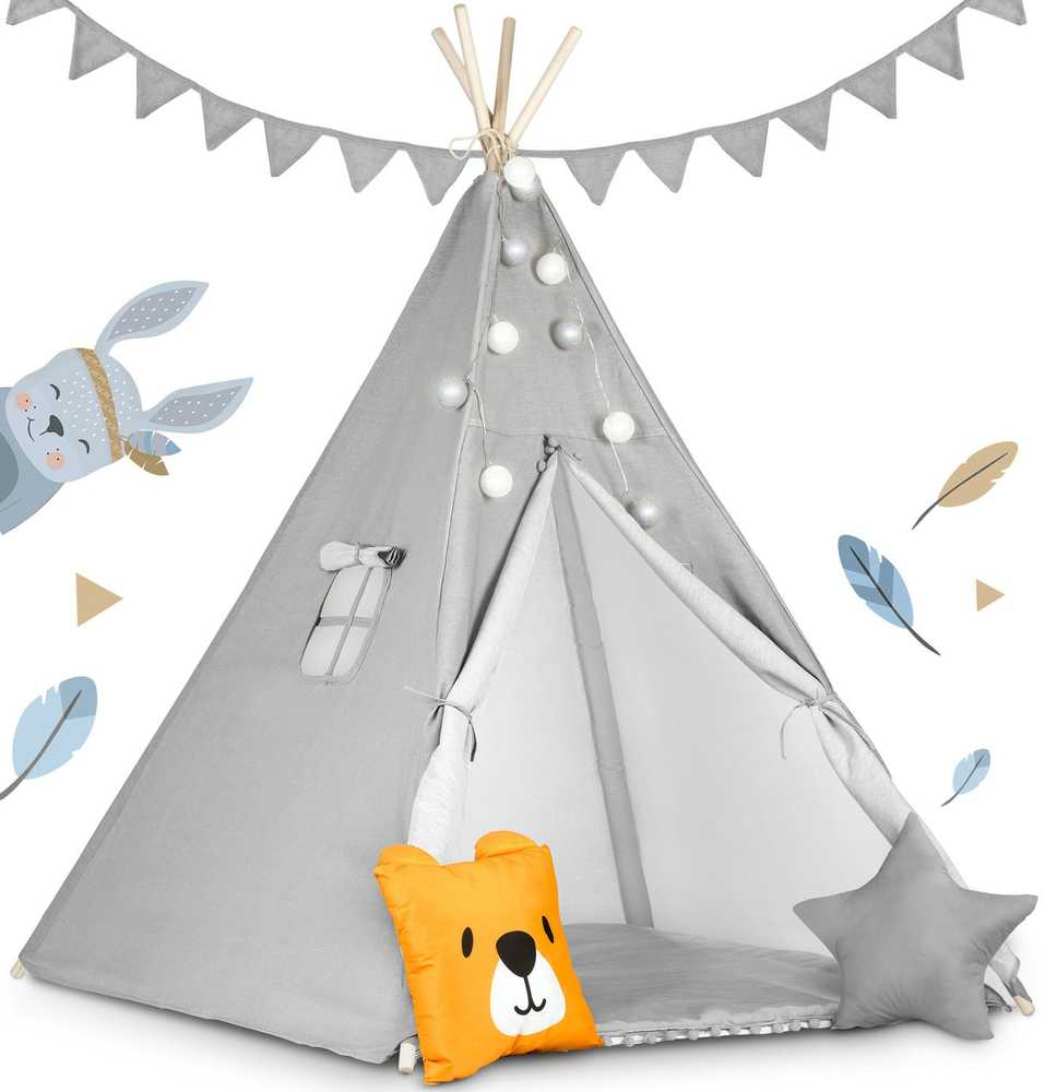 Ricokids Vaikiška tipi palapinė su girlianda ir lemputėmis - pilka
