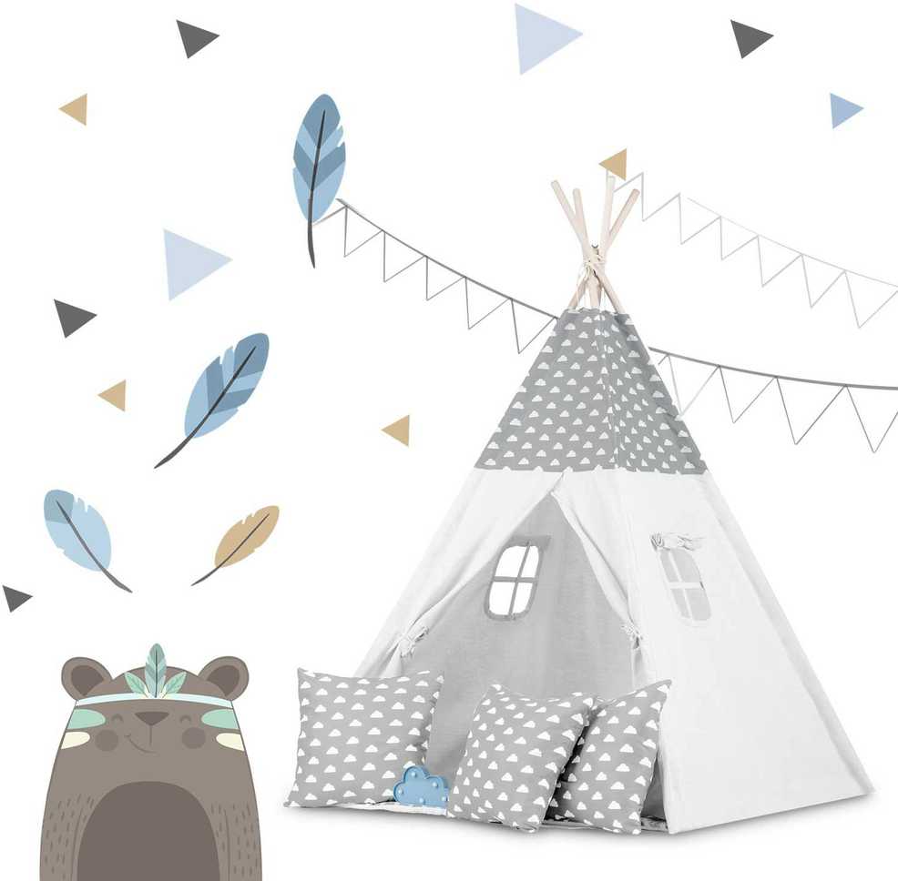Ricokids Vaikiška tipi palapinė su girlianda ir lemputėmis - šviesiai pilka su debesėliais