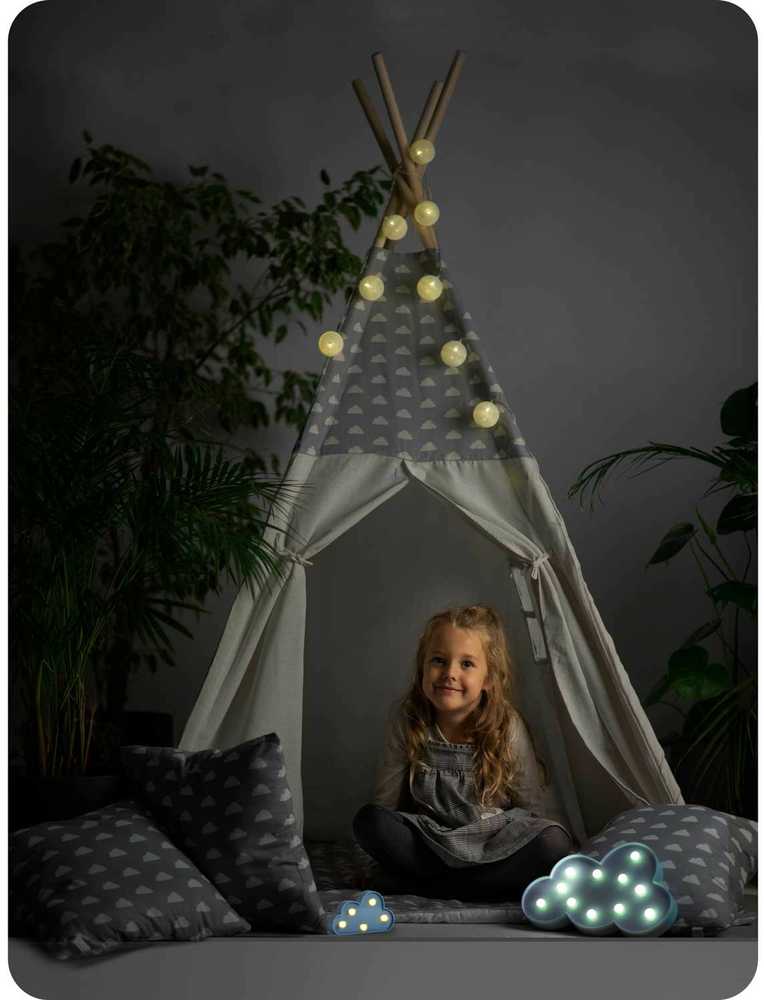 Ricokids Vaikiška tipi palapinė su girlianda ir lemputėmis - šviesiai pilka su debesėliais