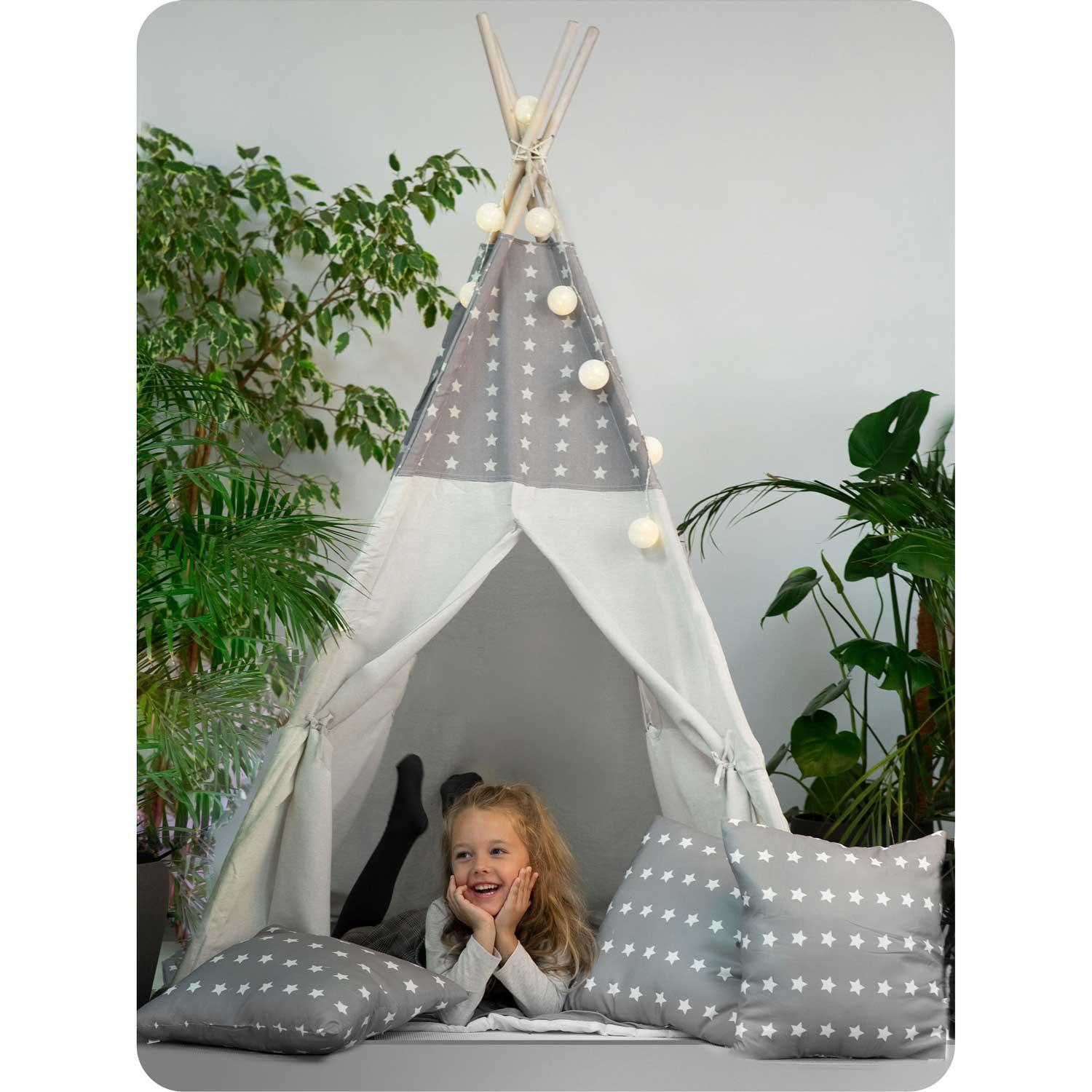 Ricokids Vaikiška tipi palapinė su girlianda ir lemputėmis - šviesiai pilka su žvaigždutėmis