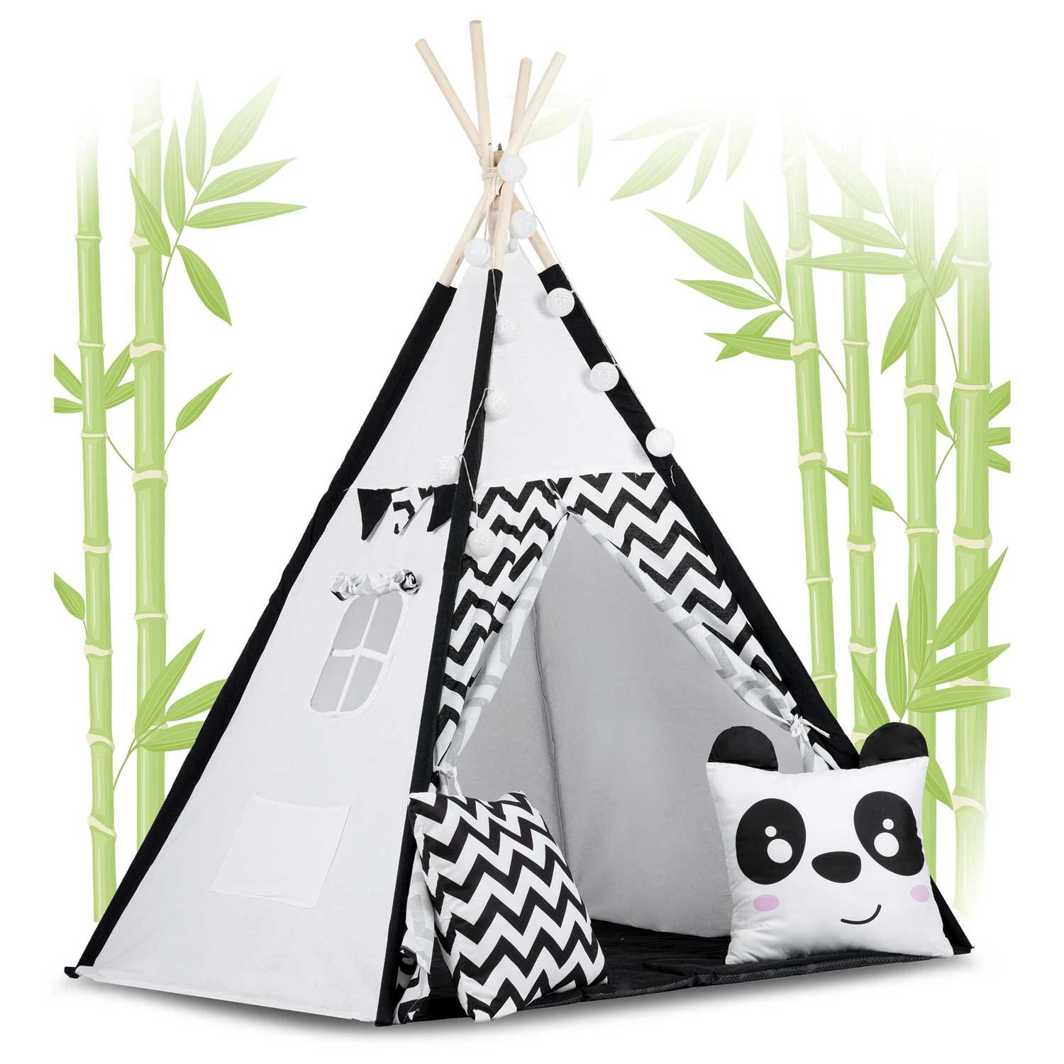 Vaikiška tipi palapinė su girlianda ir lemputėmis - balta ir juoda su panda