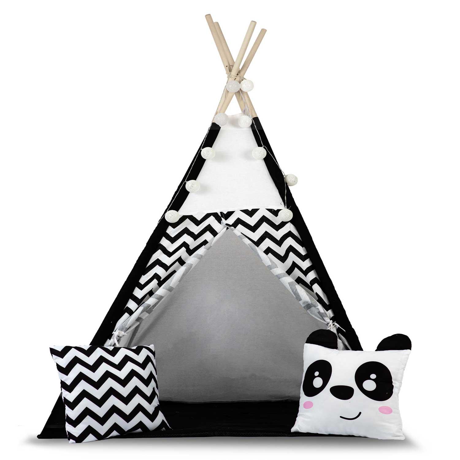 Vaikiška tipi palapinė su girlianda ir lemputėmis - balta ir juoda su panda