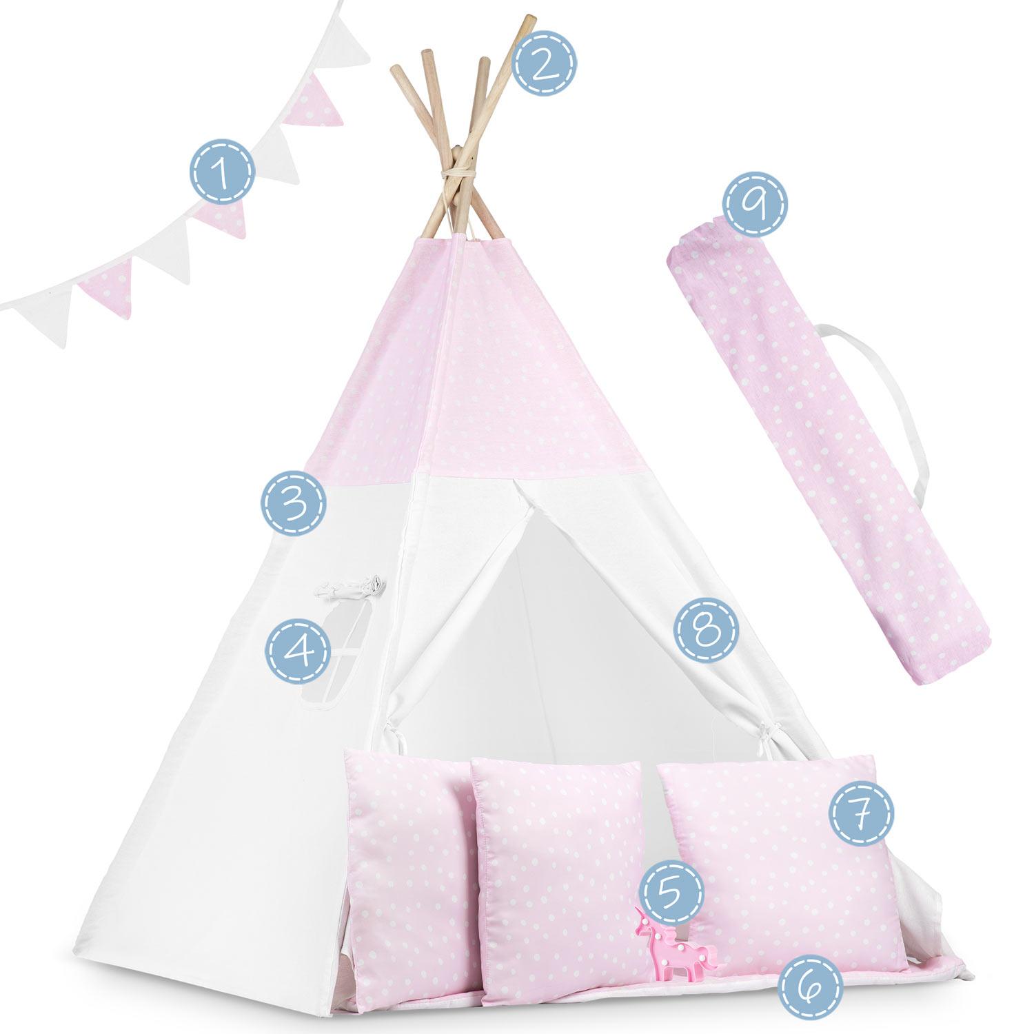 Ricokids Vaikiška tipi palapinė su lemputėmis - rožinė su taškeliais