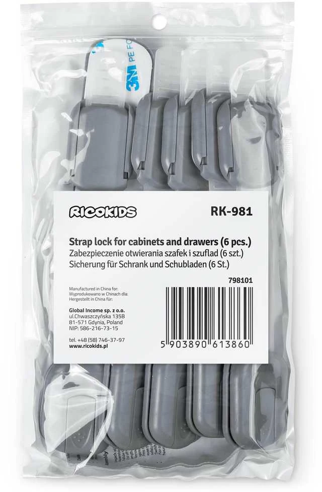 Ricokids 798101 spintelės atidarymo spyna, 6 vnt, pilka