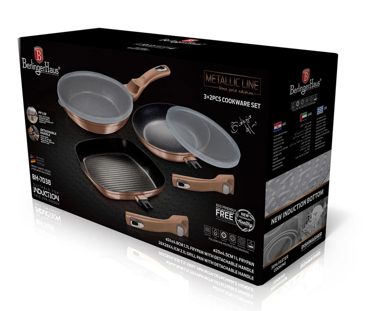 3 GRANITINIŲ KEPUČIŲ RINKINYS SU NEMOKAMA RANKENA 5 ELE BERLINGER HAUS METALIC LINE ROSE GOLD BH-7038