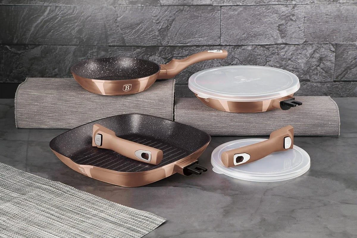 3 GRANITINIŲ KEPUČIŲ RINKINYS SU NEMOKAMA RANKENA 5 ELE BERLINGER HAUS METALIC LINE ROSE GOLD BH-7038