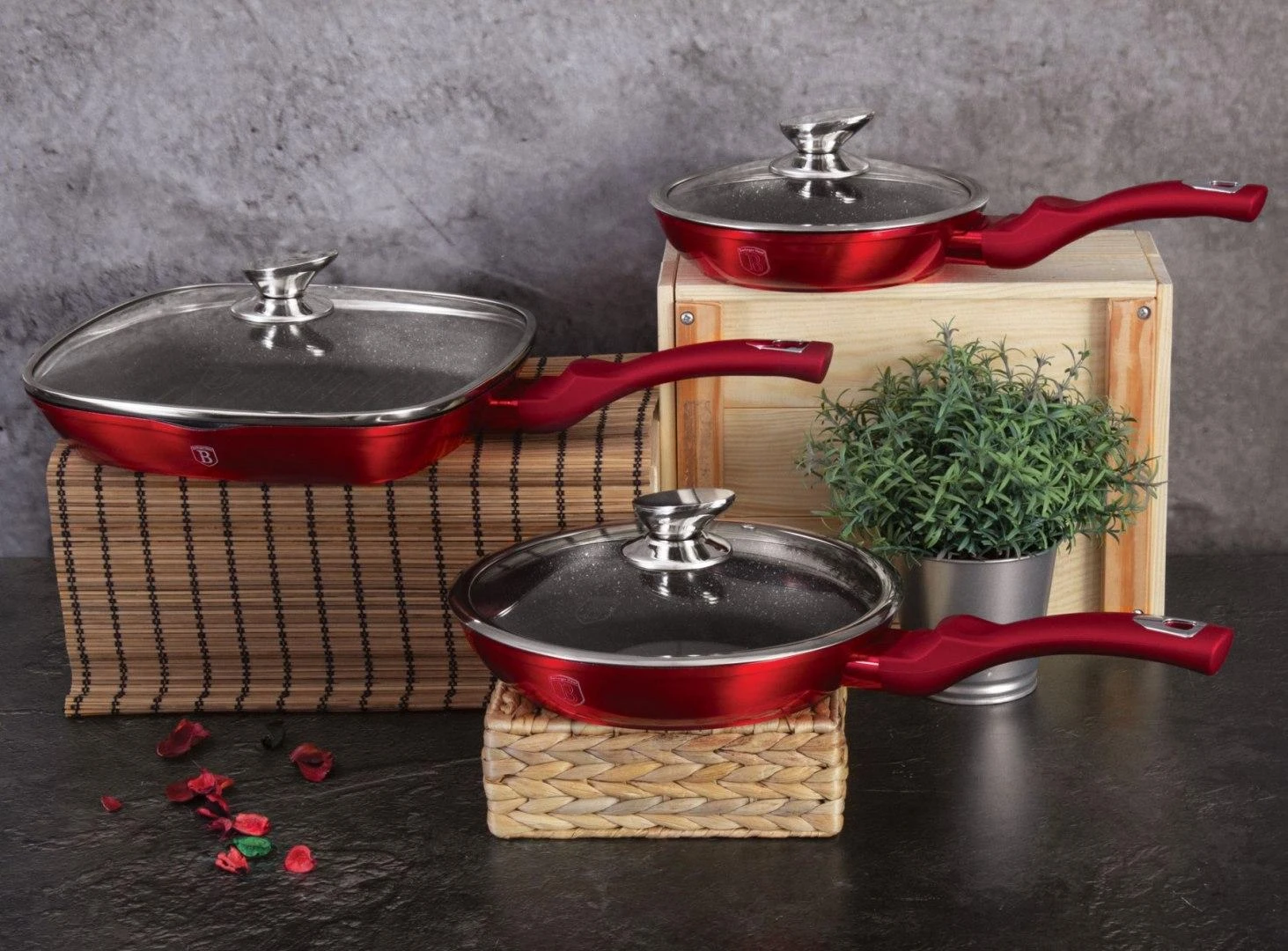 3 GRANITINIŲ KETUČIŲ RINKINYS BERLINGER HAUS Juodas BURGUNDY BH-6189