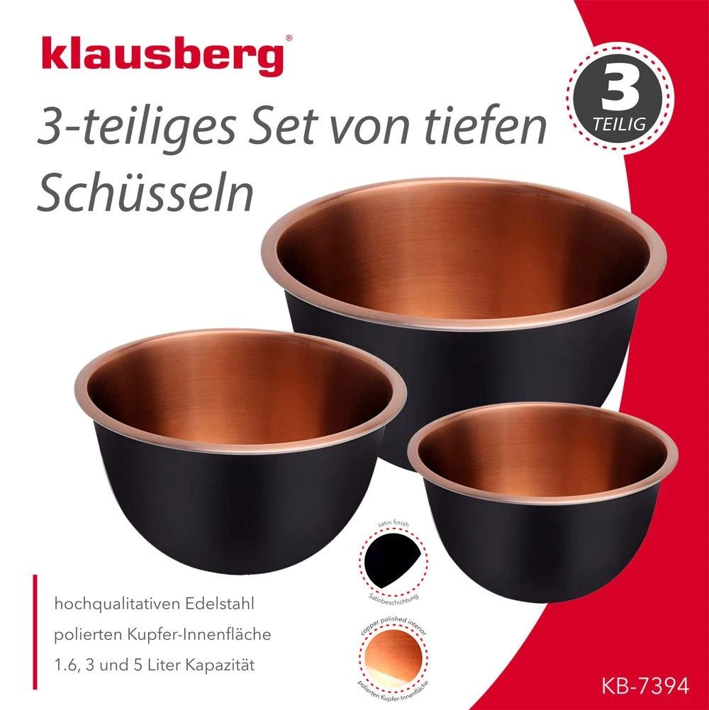 Misy, Dubenėliai, plieniniai, juodi, 3 vnt. rinkinys: 1,6 l, 3 l ir 5 l, Klausberg