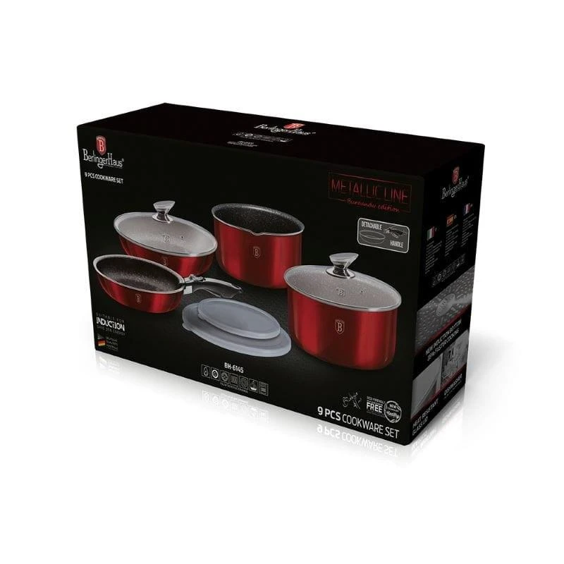 9 DALIES PUODŲ RINKINYS. CLICK & COOK BERLINGER HAUS METALLIC LINE BURGUNDY BH-6145