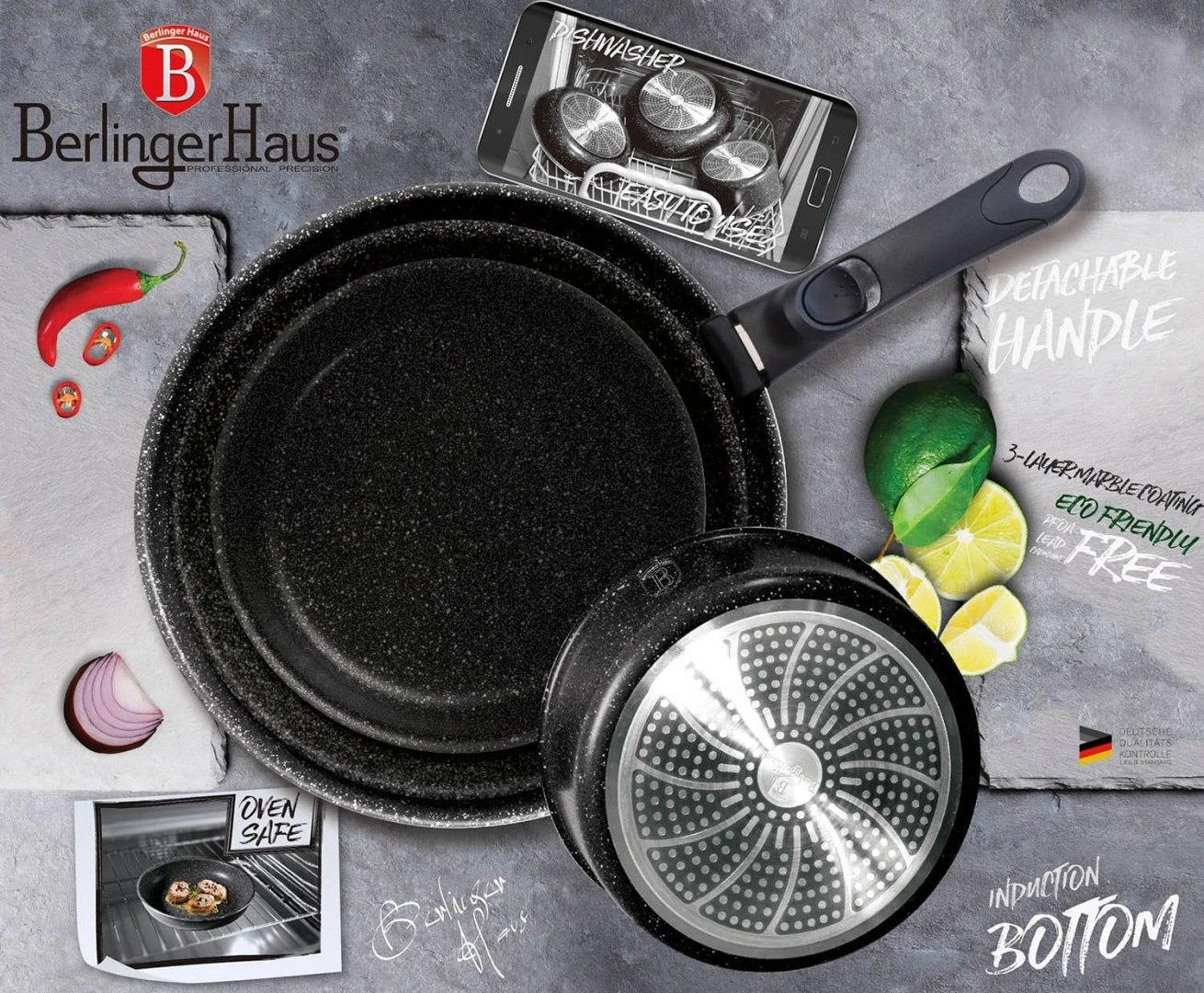 9 DALIES PUODŲ RINKINYS. CLICK & COOK BERLINGER HAUS METALLIC LINE BURGUNDY BH-6145