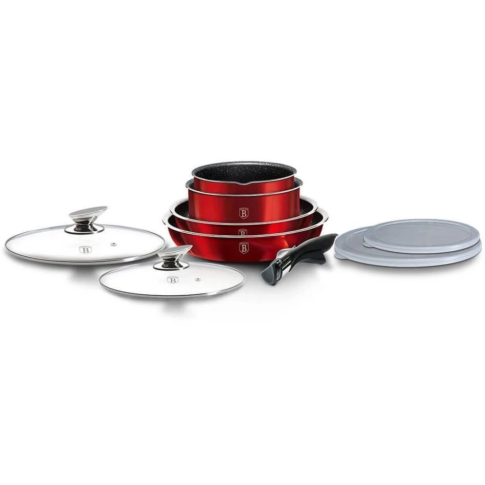 9 DALIES PUODŲ RINKINYS. CLICK & COOK BERLINGER HAUS METALLIC LINE BURGUNDY BH-6145