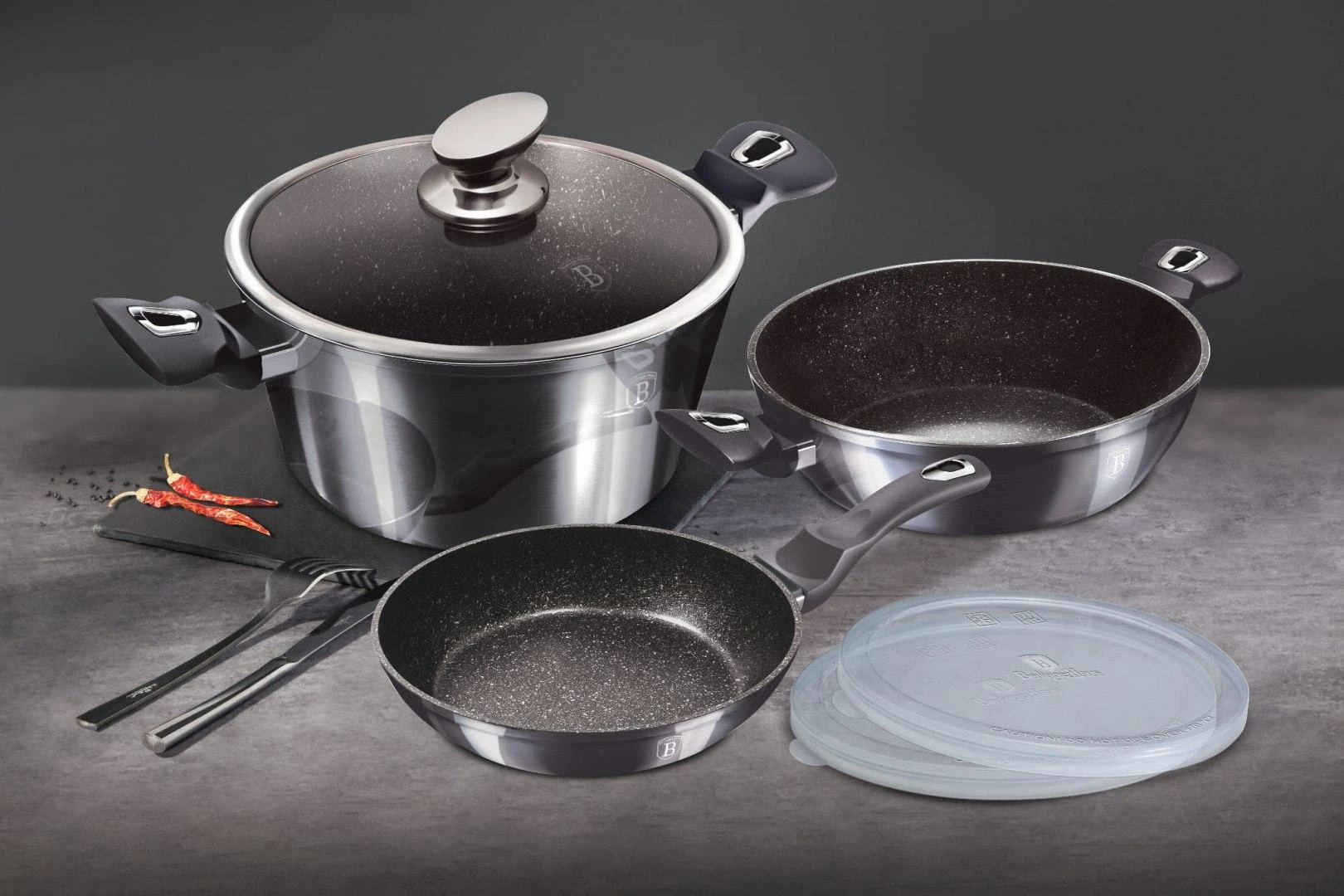 DANGŲ PUODŲ RINKINYS GRANITAS 6 ELEMENTAI BERLINGER HAUS Carbon Pro BH-6905