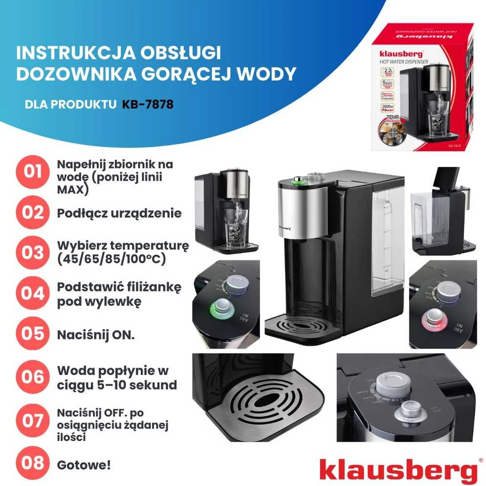Dozownik Karšto vandens dozatorius, temperatūros reguliavimas 45–100 °C, juodos ir sidabrinės spalvos, 2,2 l, Klausberg, kb-7878