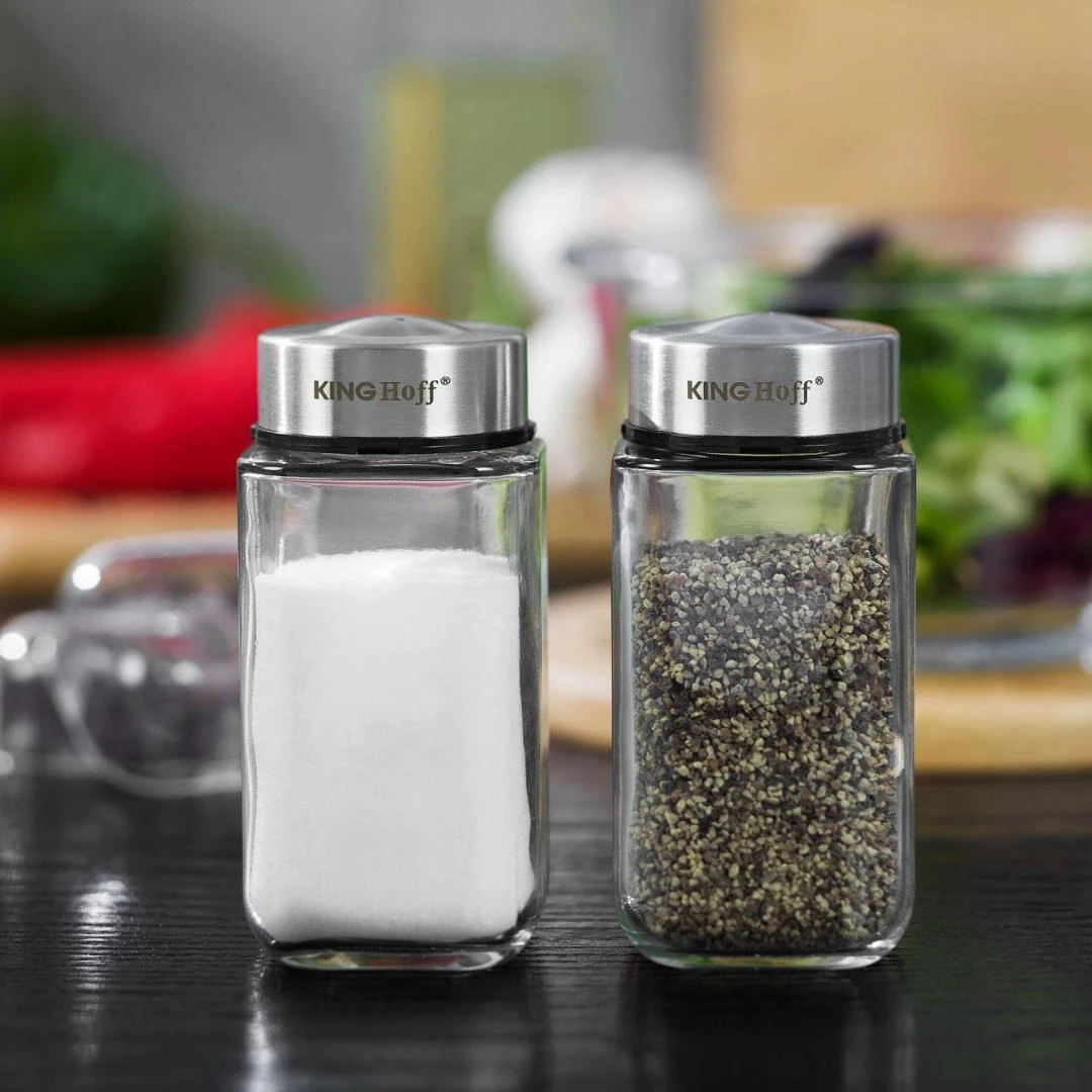 King Hoff Rinkinys Druskos ir pipirų purtyklių rinkinys, stiklinis, metalinis, „Kinghoff“