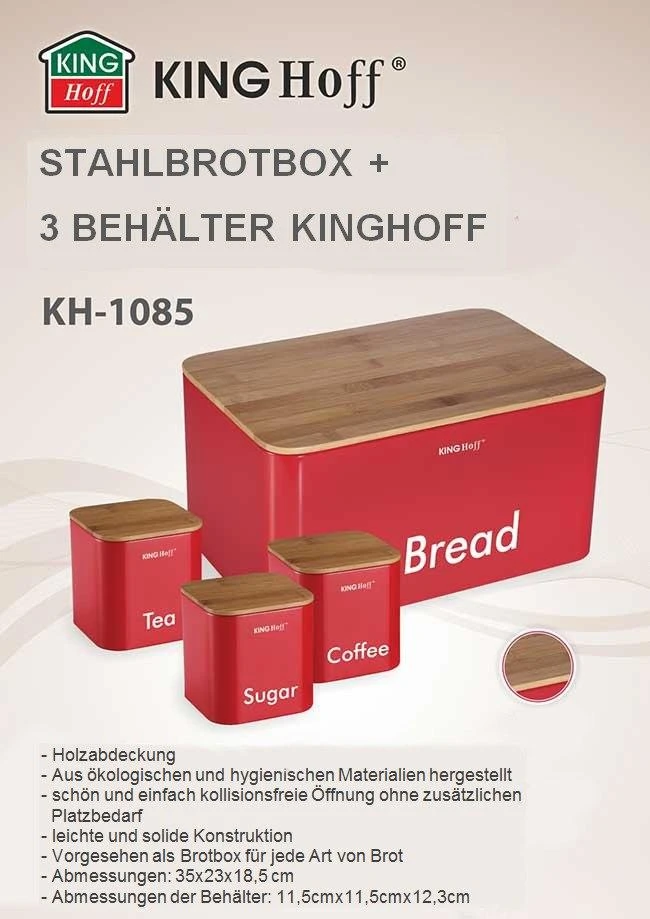 King Hoff Chlebak Duoninė su konteinerių rinkiniu, plienas - bambukas, raudonas „Kinghoff“