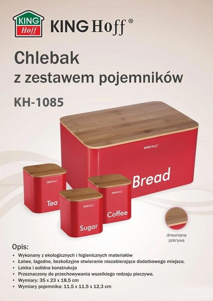King Hoff Chlebak Duoninė su konteinerių rinkiniu, plienas - bambukas, raudonas „Kinghoff“