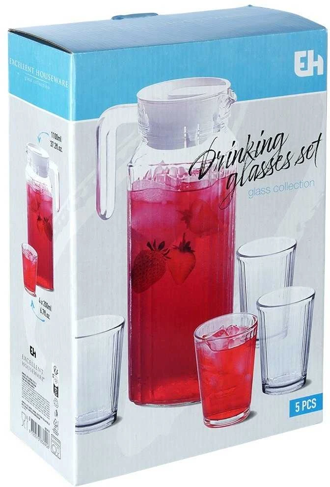 Excellent Houseware Stiklinis 5 dalių džbanas su dangteliu ir stiklinėmis