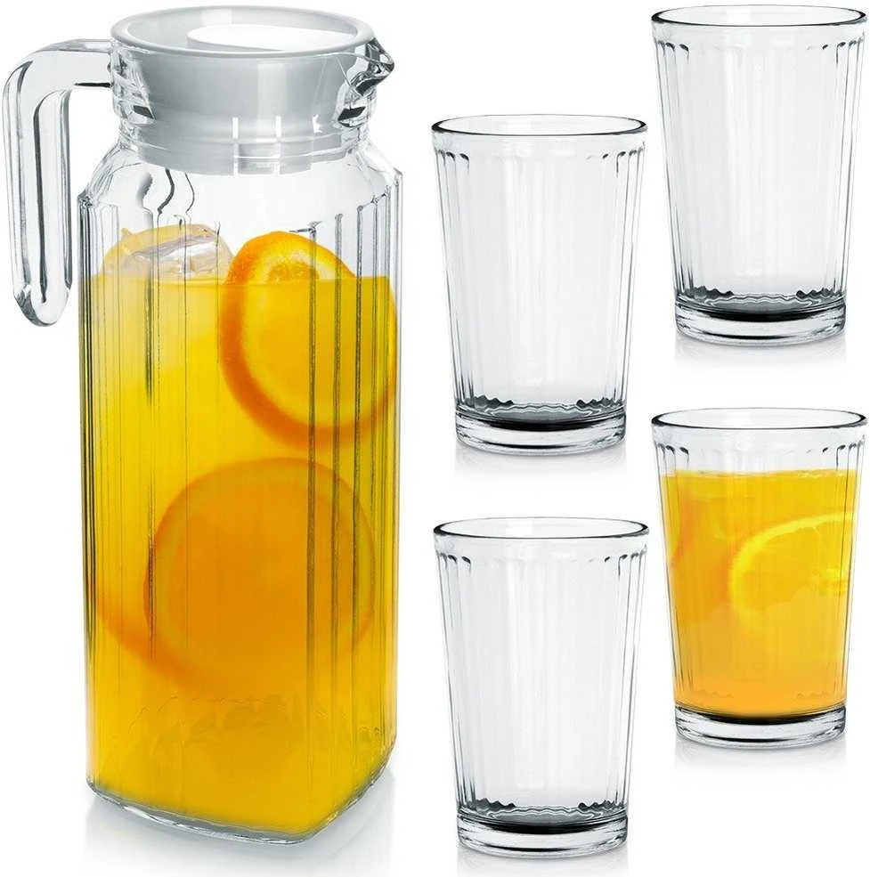 Excellent Houseware Stiklinis 5 dalių džbanas su dangteliu ir stiklinėmis