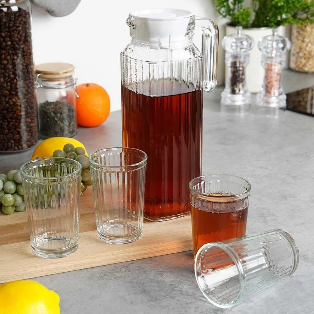 Excellent Houseware Stiklinis 5 dalių džbanas su dangteliu ir stiklinėmis